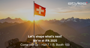 Swiss flag on a mountain peak at sunset with Stylies logo and text announcing presence at IFA 2025 – Hall 7.1 B, Booth 103